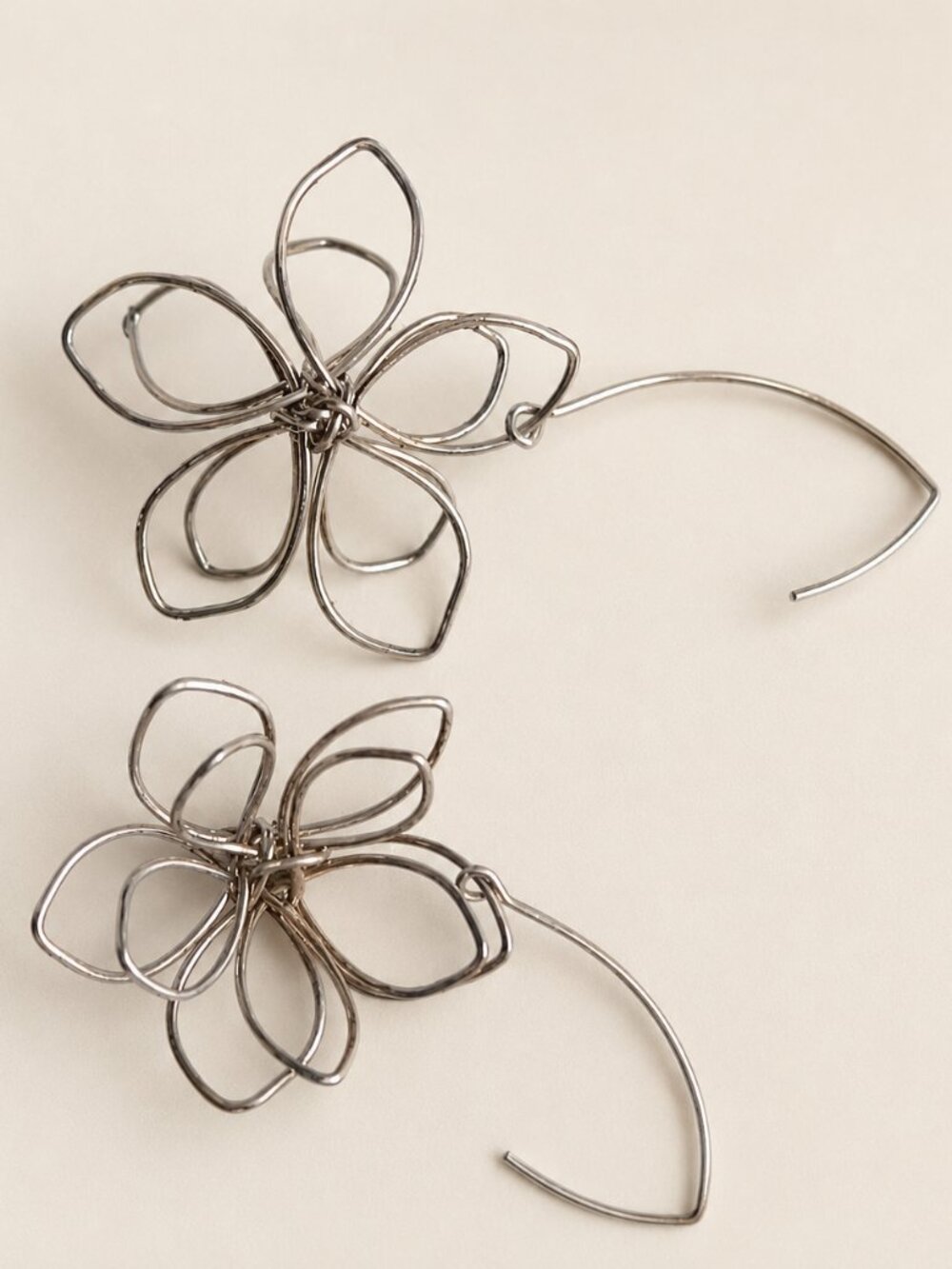 Silver Tone Sculptural Wire Flower Long Hook Earrings